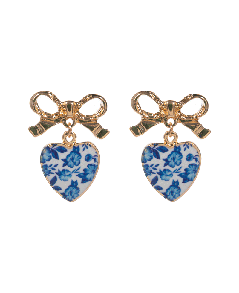 Bow w/ Heart Enameled Charm Post Earring - 1.0"