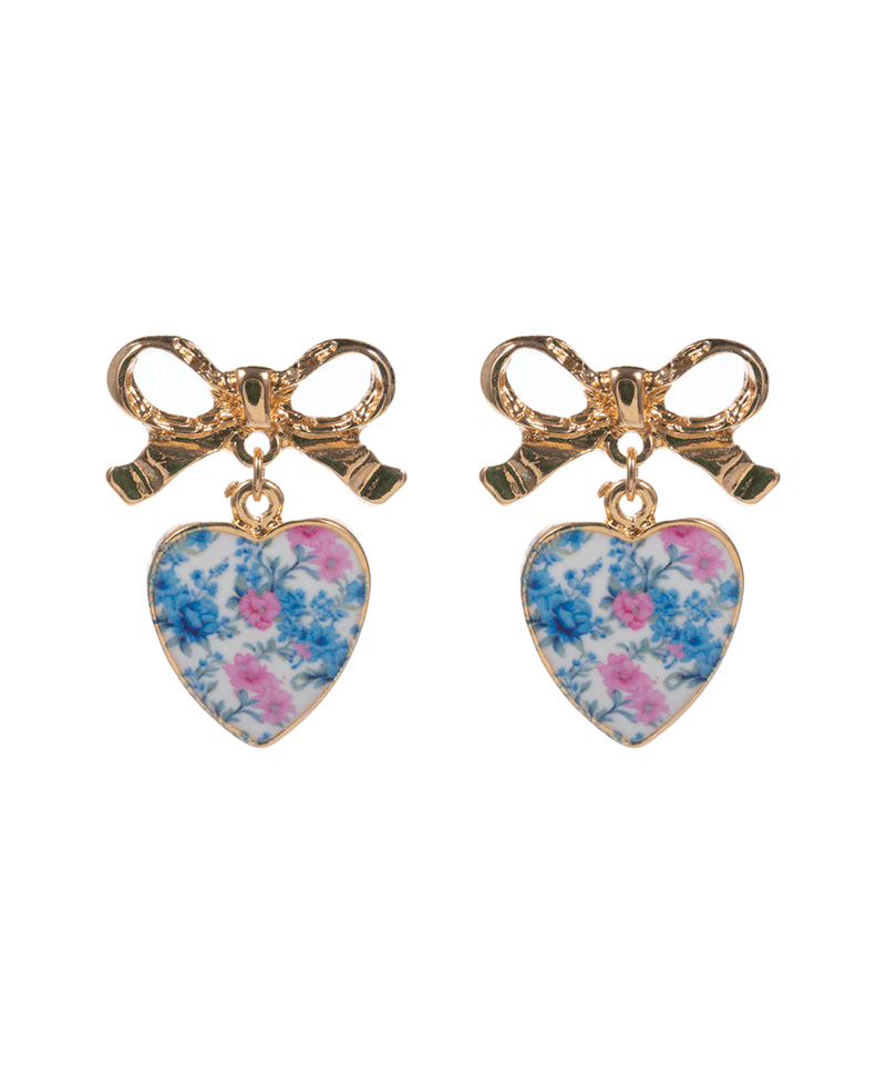 Bow w/ Heart Enameled Charm Post Earring - 1.0"