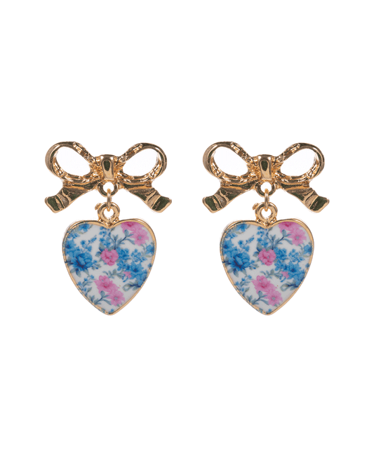 Bow w/ Heart Enameled Charm Post Earring - 1.0"