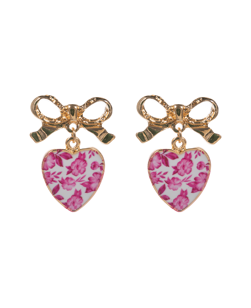 Bow w/ Heart Enameled Charm Post Earring - 1.0"