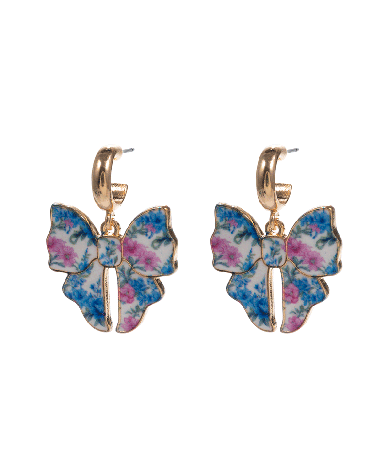 Flower Pattern Bow Enameled Casting Hoop Earring - 1.25"