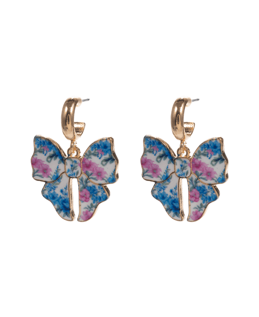Flower Pattern Bow Enameled Casting Hoop Earring - 1.25"