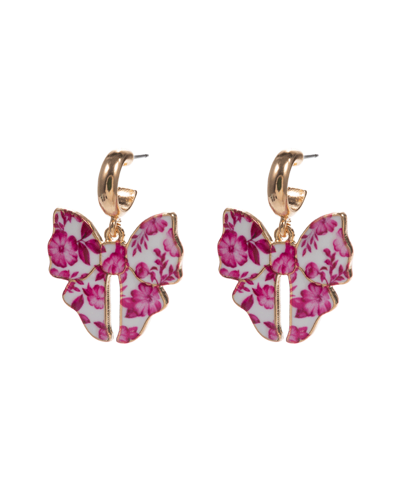 Flower Pattern Bow Enameled Casting Hoop Earring - 1.25"