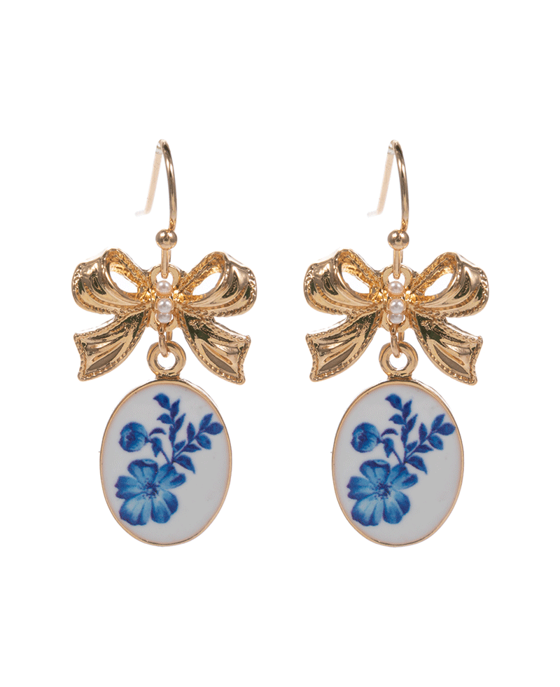 Bow w/ Oval Enameled Charm Earring - 1.25"