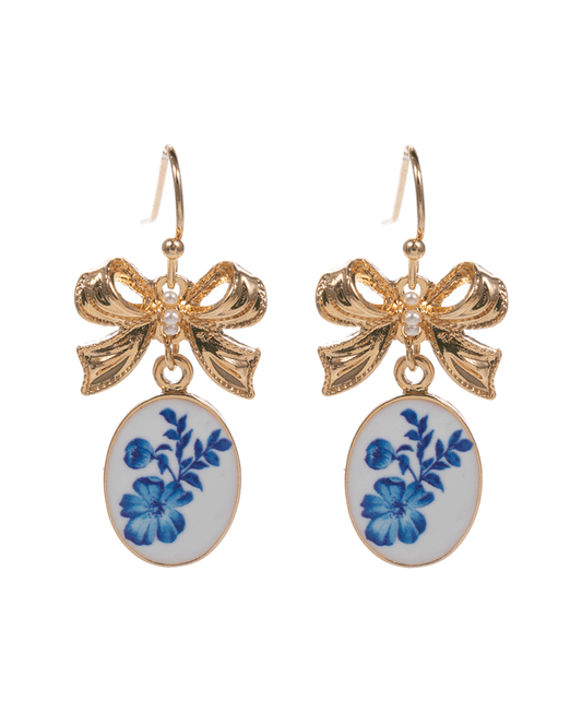 Bow w/ Oval Enameled Charm Earring - 1.25"