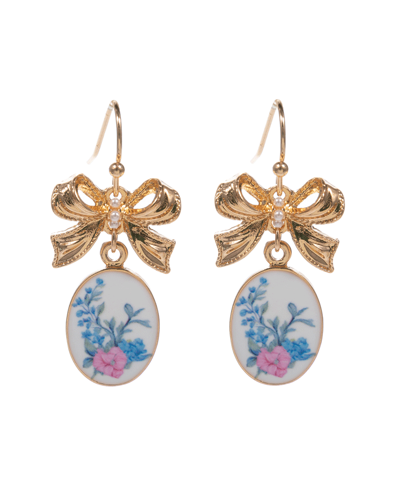 Bow w/ Oval Enameled Charm Earring - 1.25"