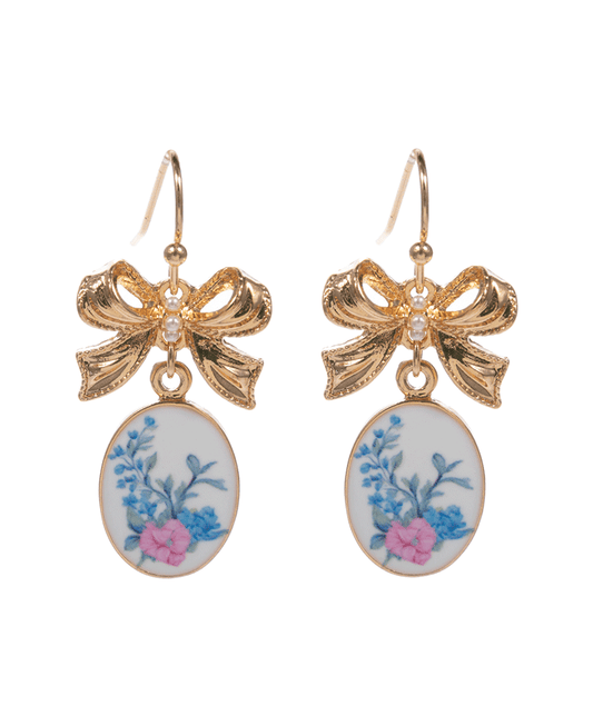 Bow w/ Oval Enameled Charm Earring - 1.25"