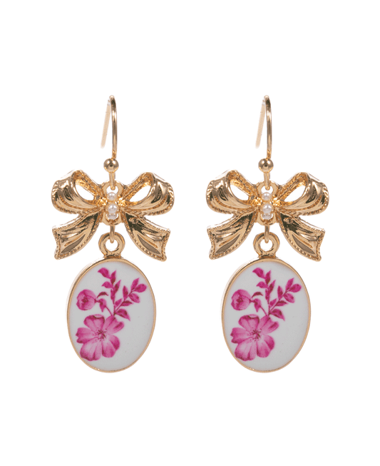 Bow w/ Oval Enameled Charm Earring - 1.25"