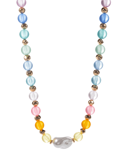 Round Faux Sea Glass & Glass Pearl Beads Short Necklace - 17"