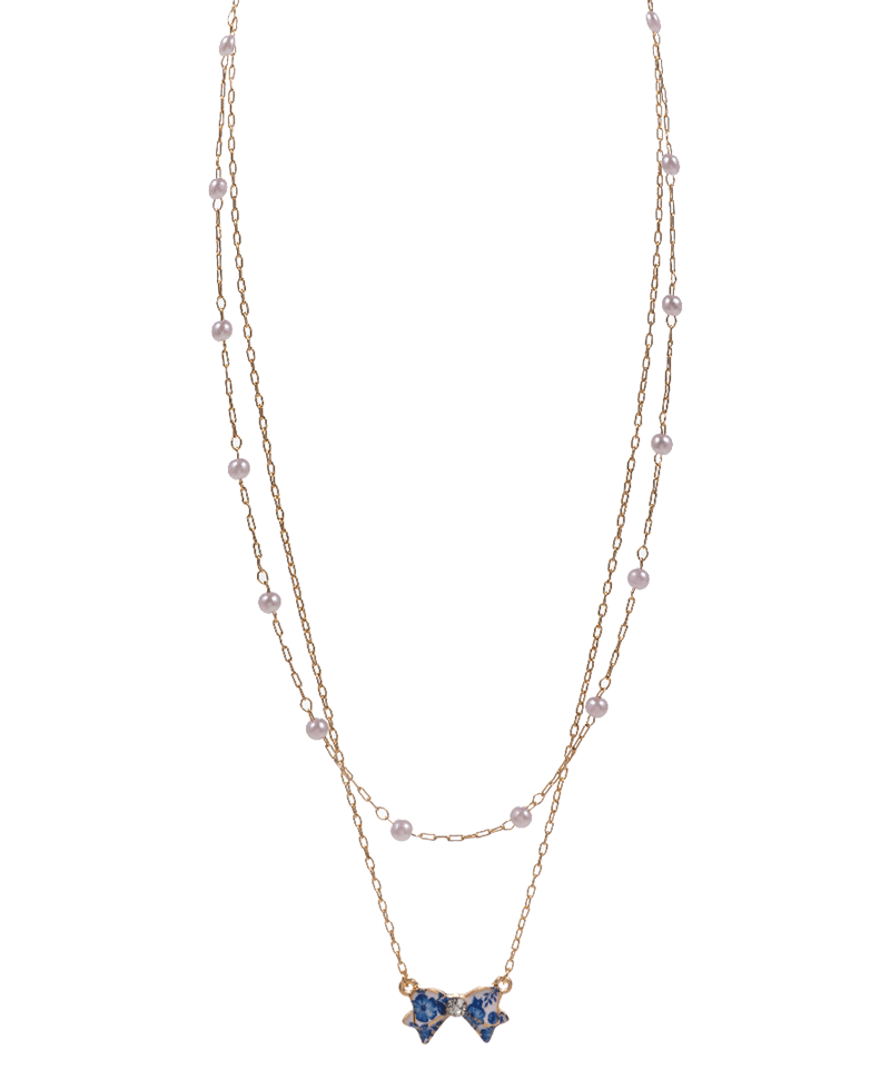 Enameled Bow Double Layered Short Necklace - 16"