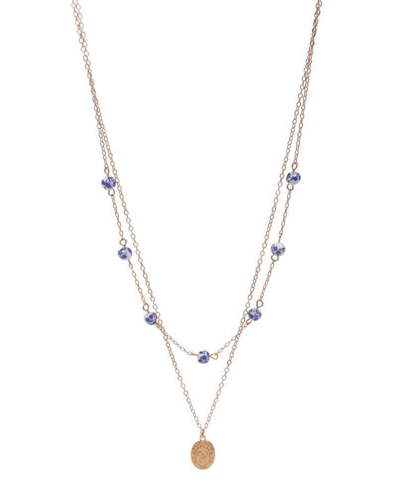 Ceramic Bead & Metal Charm Layered Short Necklace - 16"