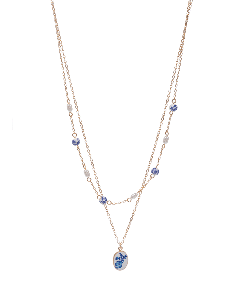 Oval Enameled Charm Double Layer Short Necklace - 16"