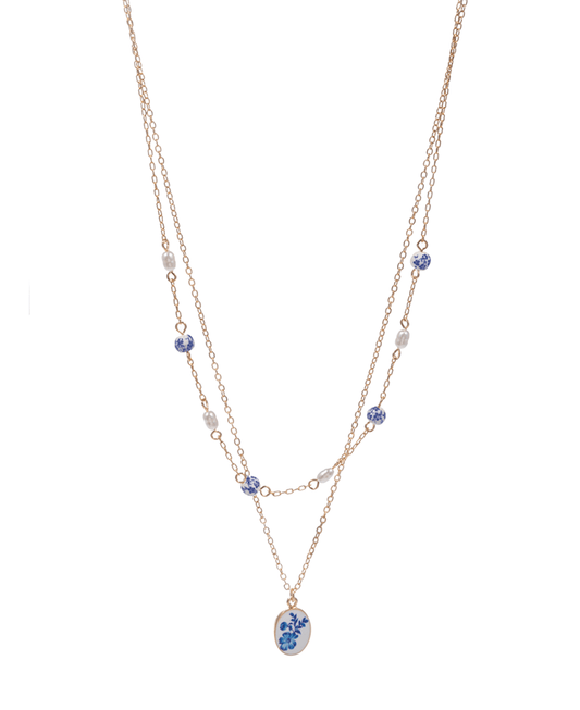 Oval Enameled Charm Double Layer Short Necklace - 16"