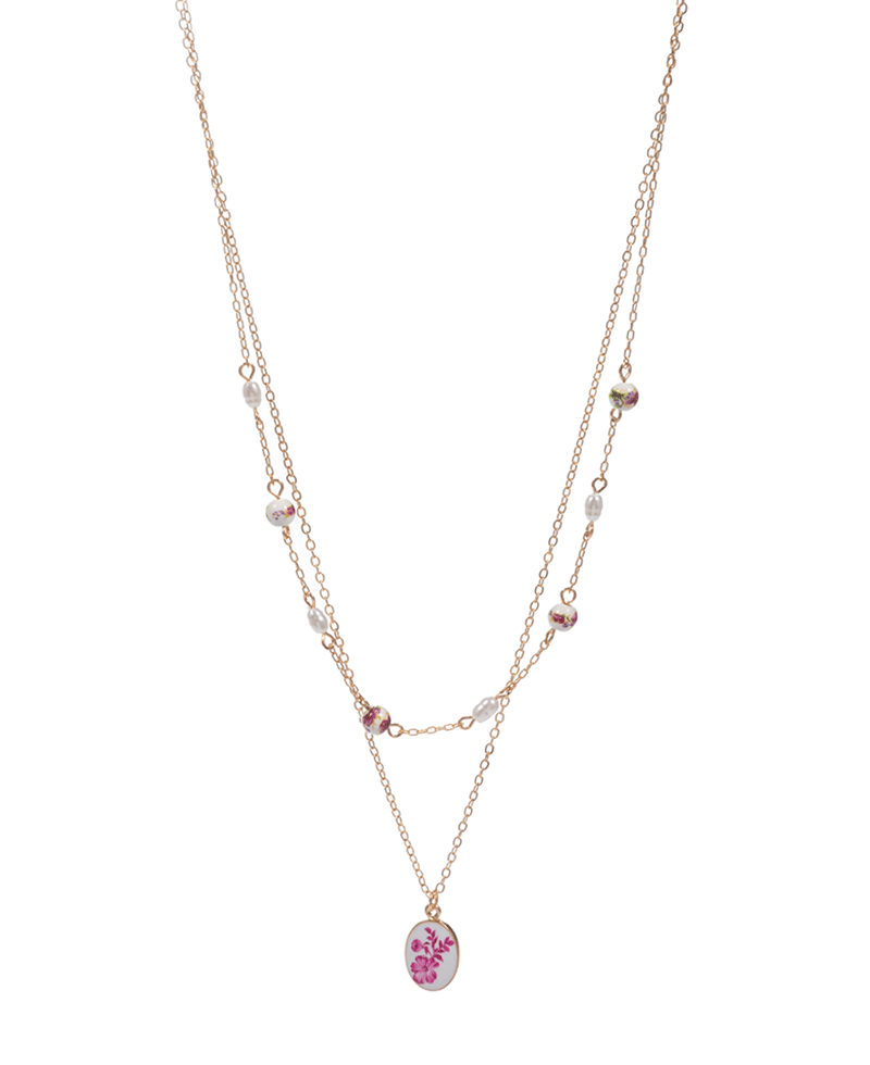 Oval Enameled Charm Double Layer Short Necklace - 16"