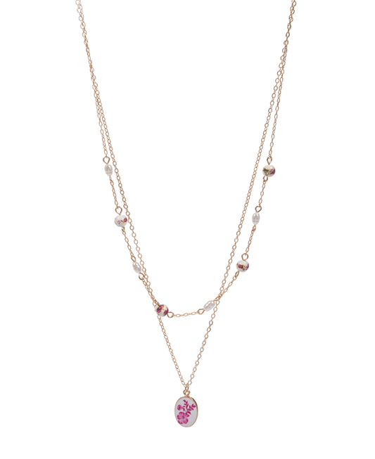 Oval Enameled Charm Double Layer Short Necklace - 16"