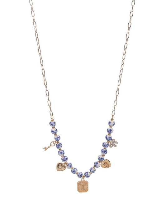 Ceramic Bead w/ Metal Charms Short Necklace - 16"