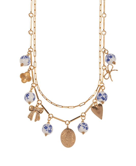 Multi Charm w/ Ceramic Beads Short Necklace - 15"