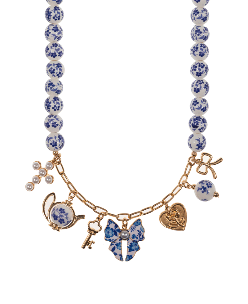 Multi Charm Ceramic Beads Short Necklace - 17"