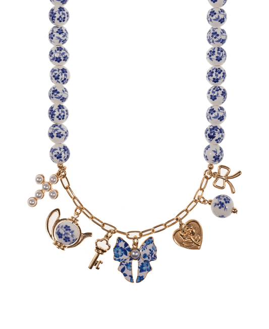Multi Charm Ceramic Beads Short Necklace - 17"