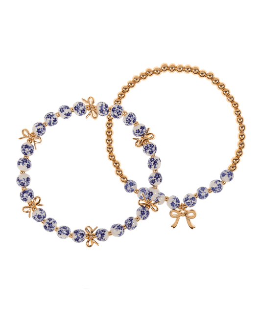 Ceramic Beads w/ Metal Ribbon 2 Set Bracelet