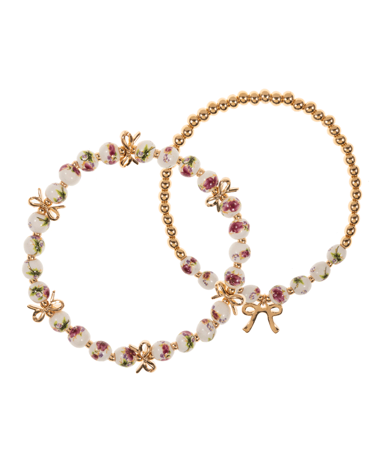 Ceramic Beads w/ Metal Ribbon 2 Set Bracelet