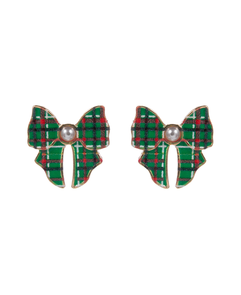 Bow Enamel w/ Christmas Pattern Post Earring - 0.75"