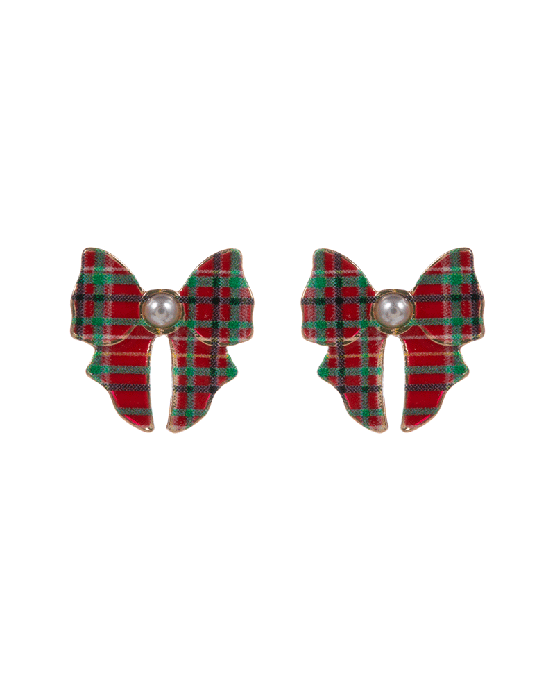 Bow Enamel w/ Christmas Pattern Post Earring - 0.75"