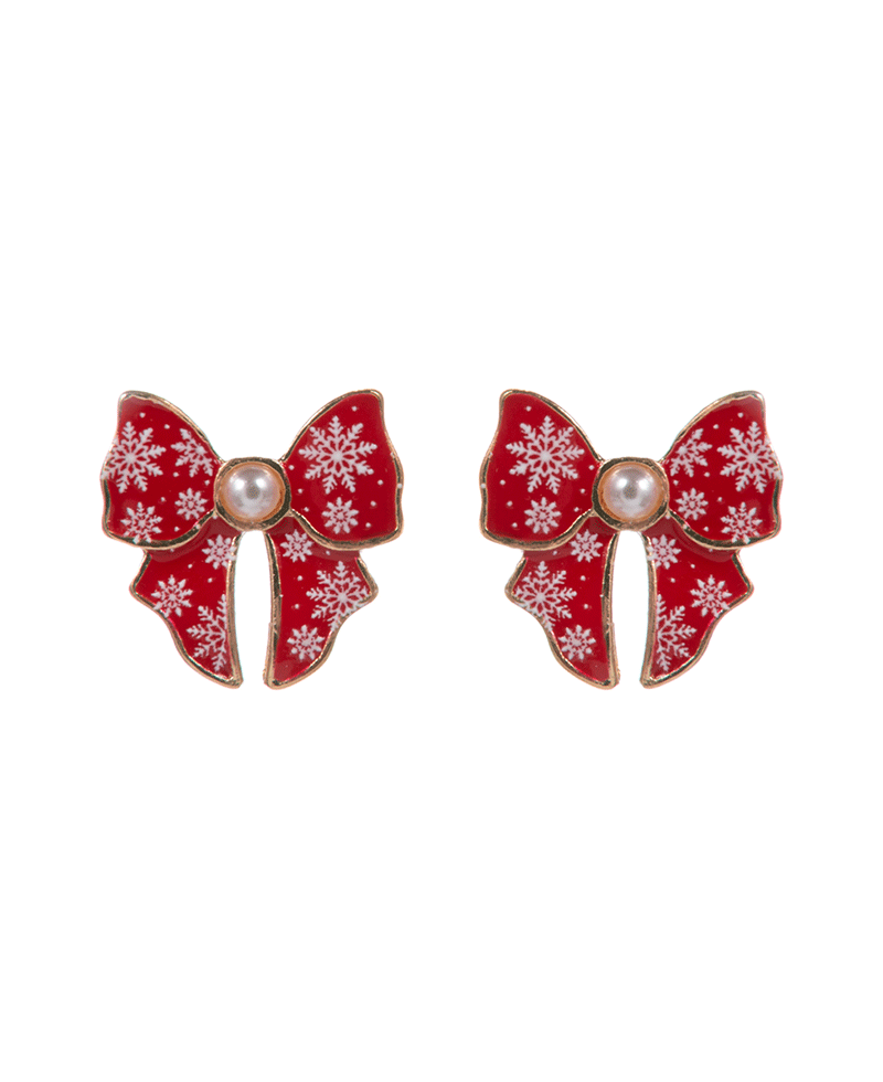 Bow Enamel w/ Christmas Pattern Post Earring - 0.75"