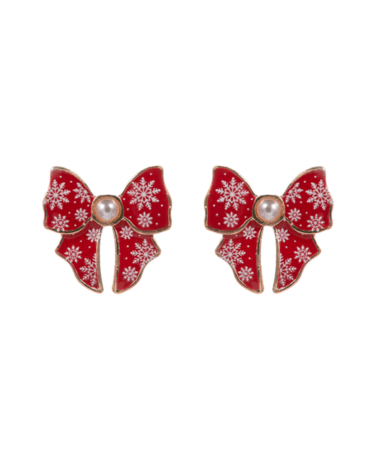 Bow Enamel w/ Christmas Pattern Post Earring - 0.75"