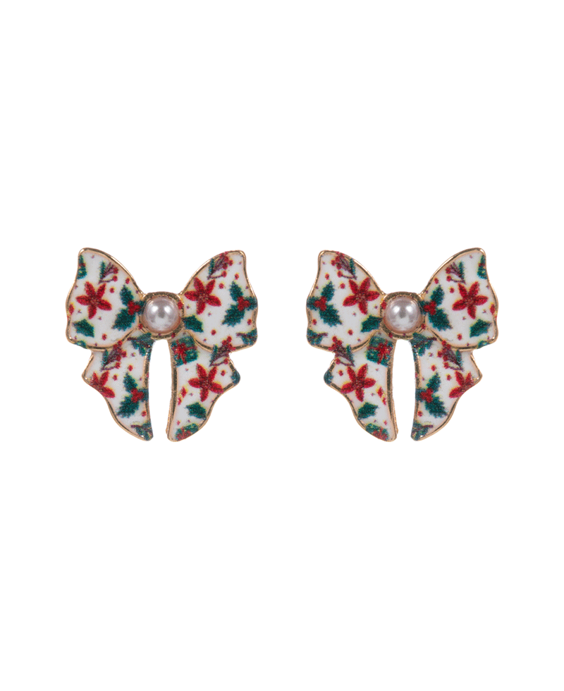 Bow Enamel w/ Christmas Pattern Post Earring - 0.75"