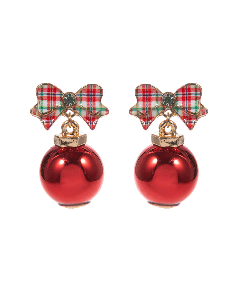 Christmas Pattern Bow w/ Ball Ornament Post Earring - 1.25"