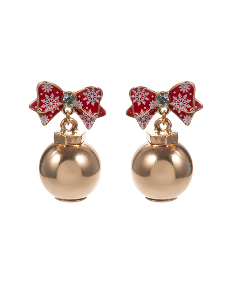 Christmas Pattern Bow w/ Ball Ornament Post Earring - 1.25"