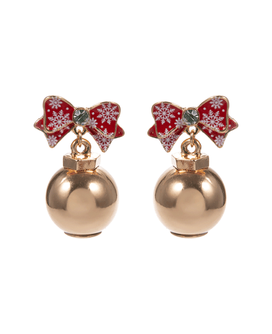 Christmas Pattern Bow w/ Ball Ornament Post Earring - 1.25"