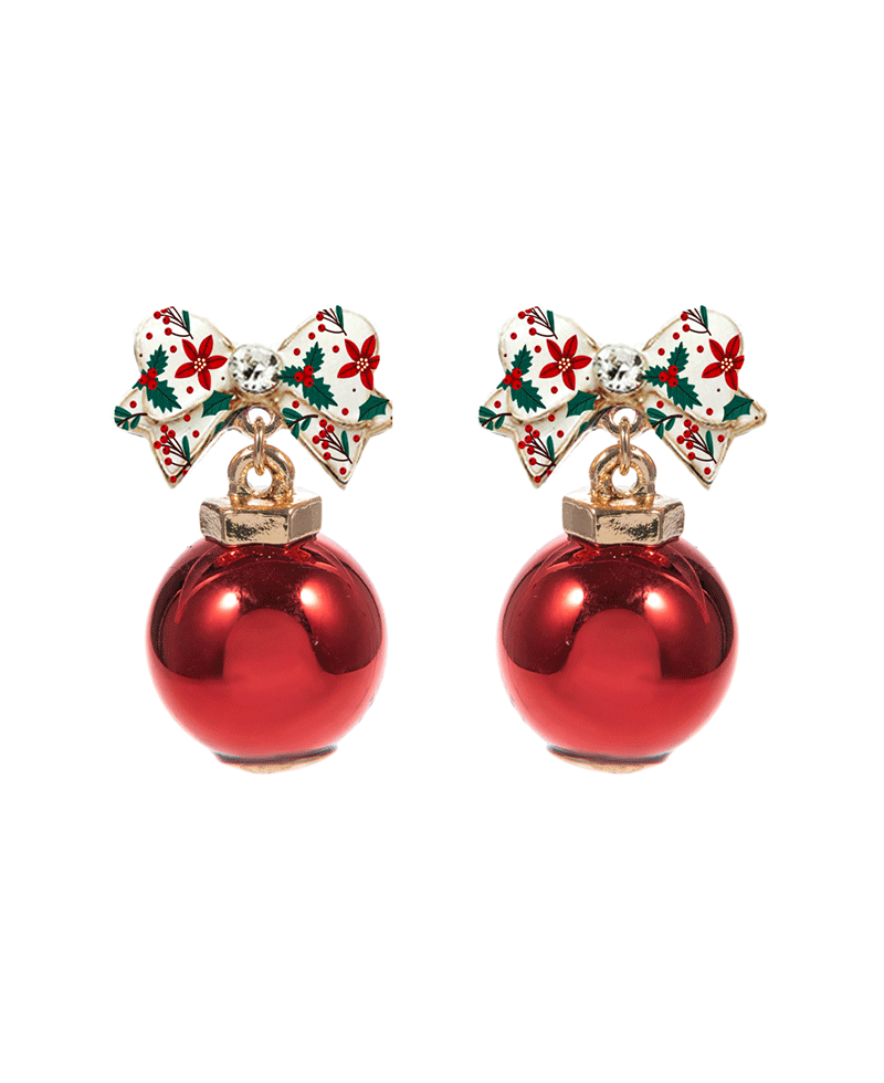 Christmas Pattern Bow w/ Ball Ornament Post Earring - 1.25"