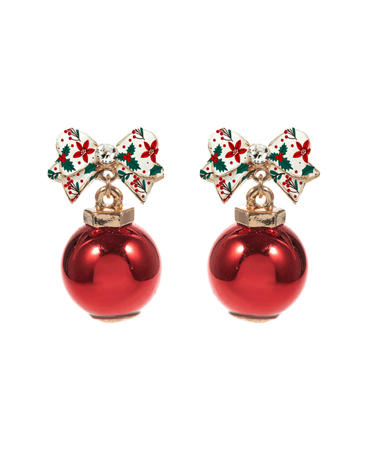 Christmas Pattern Bow w/ Ball Ornament Post Earring - 1.25"