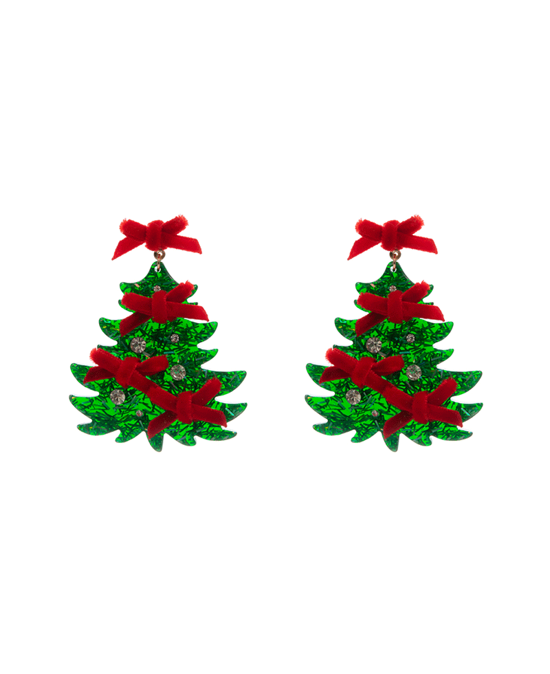 Christmas Tree Acetate w/ Bow Earring - 2.0"