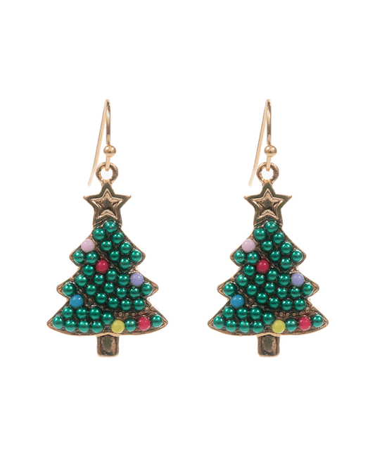 Christmas Tree Colored Pearls Brass Earring - 1.5"