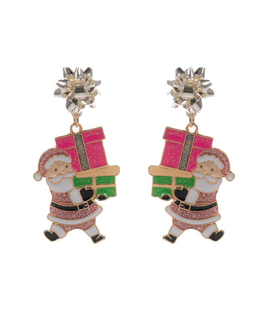Santa Claus w/ Enameled Gifts Post Earring - 2.0"