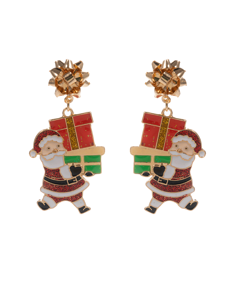 Santa Claus w/ Enameled Gifts Post Earring - 2.0"