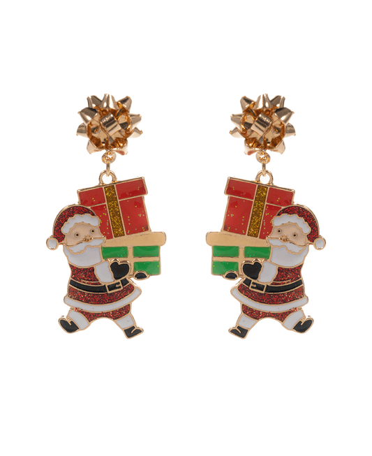 Santa Claus w/ Enameled Gifts Post Earring - 2.0"