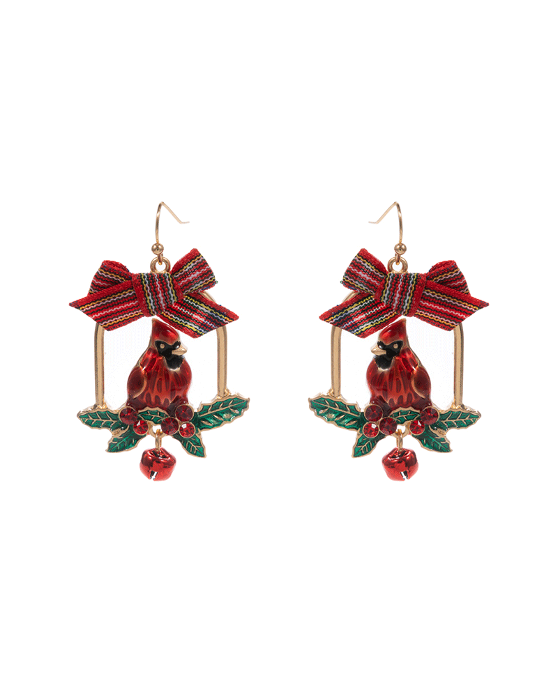 Cardinal w/ Ribbon Brass Earring - 1.75"