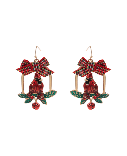 Cardinal w/ Ribbon Brass Earring - 1.75"