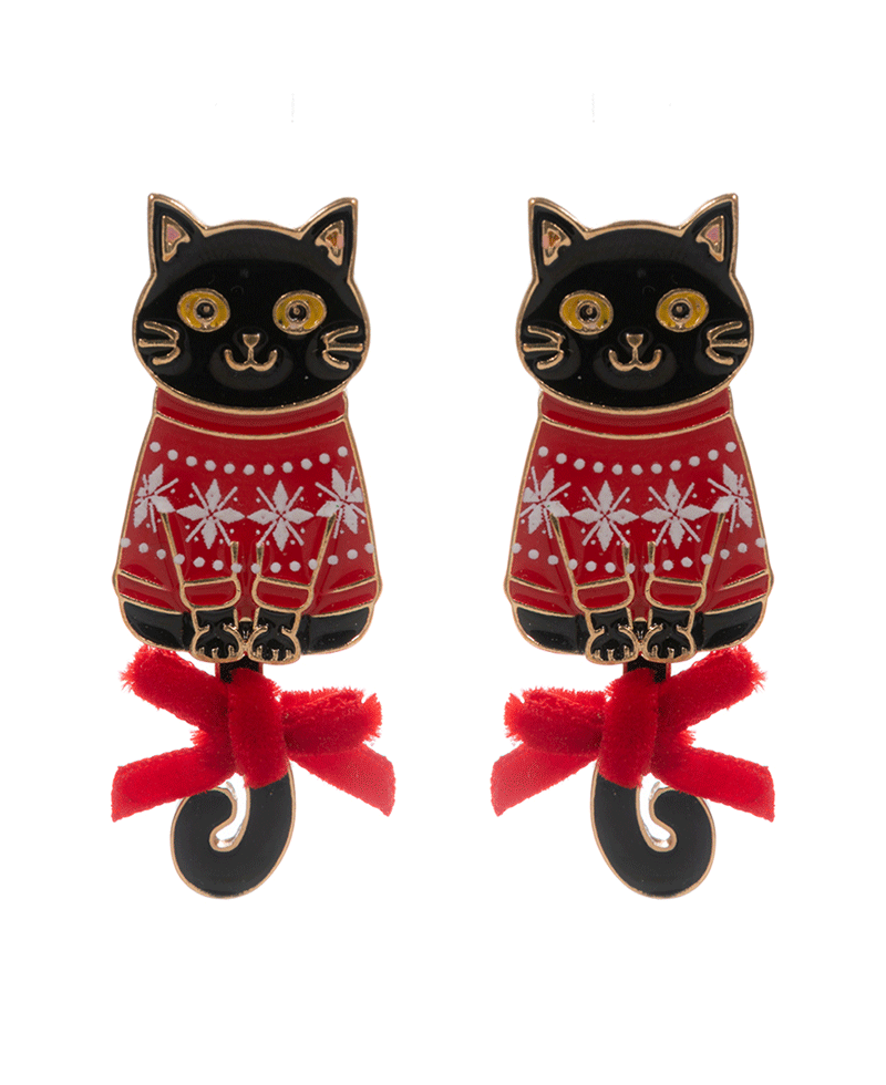 Cat w/ Christmas Sweater & Ribbon Hypo Earring - 2.0"