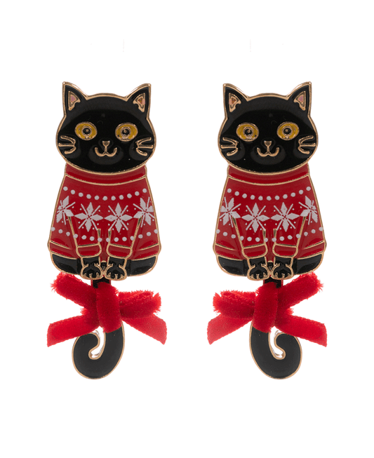 Cat w/ Christmas Sweater & Ribbon Hypo Earring - 2.0"