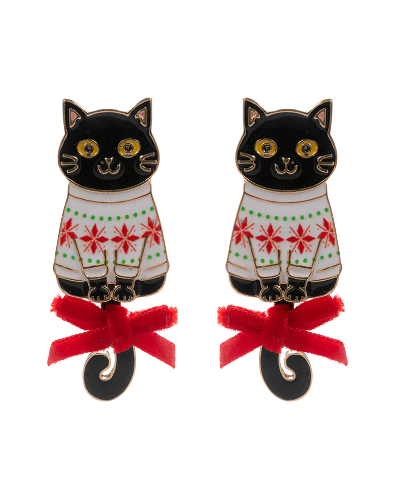 Cat w/ Christmas Sweater & Ribbon Hypo Earring - 2.0"