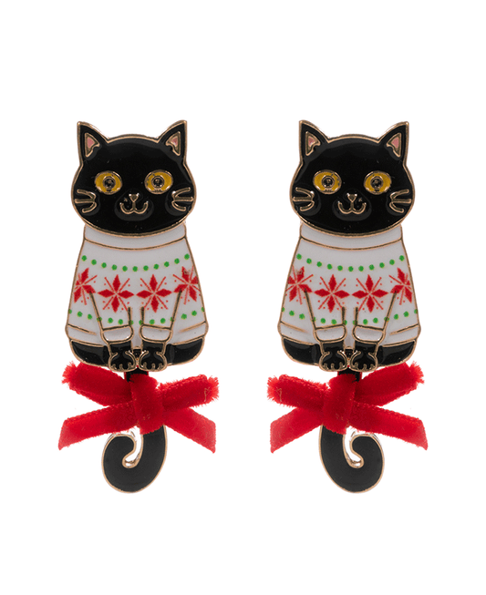 Cat w/ Christmas Sweater & Ribbon Hypo Earring - 2.0"