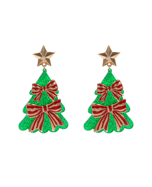 Christmas Tree Acetate w/ Enameled Bow Earring - 2.0"