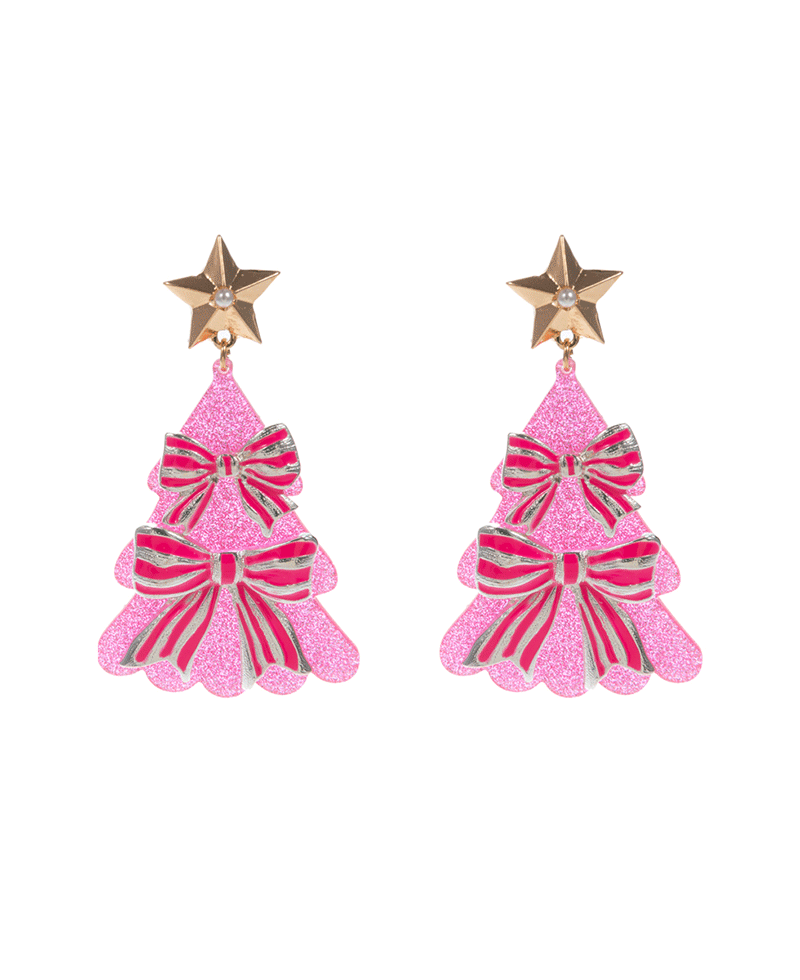 Christmas Tree Acetate w/ Enameled Bow Earring - 2.0"