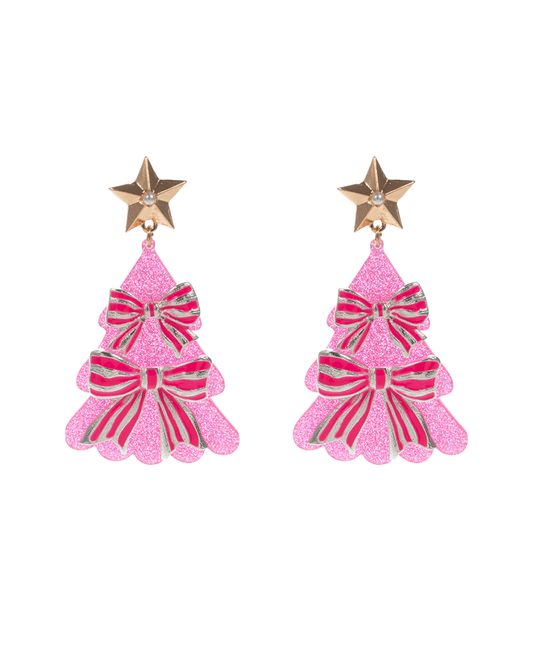 Christmas Tree Acetate w/ Enameled Bow Earring - 2.0"