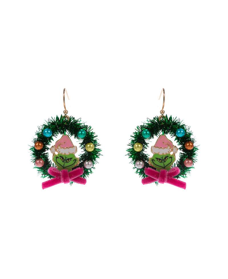 Christmas Wreath w/ Green Monster Brass Earring - 1.5"